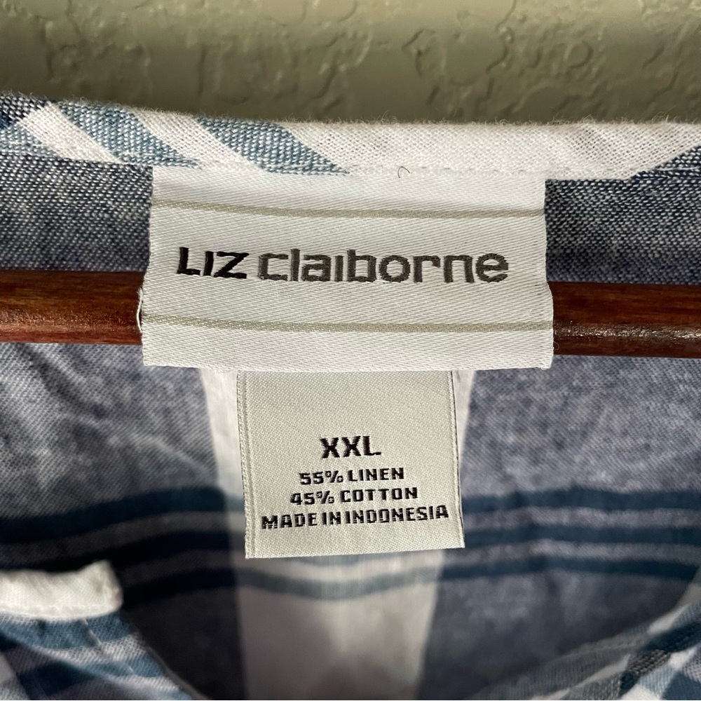 Liz Claiborne Womens XXL 2XL Linen Blend Blue Plaid Tunic 3/4 Tie Sleeve Blouse - Picture 3 of 10